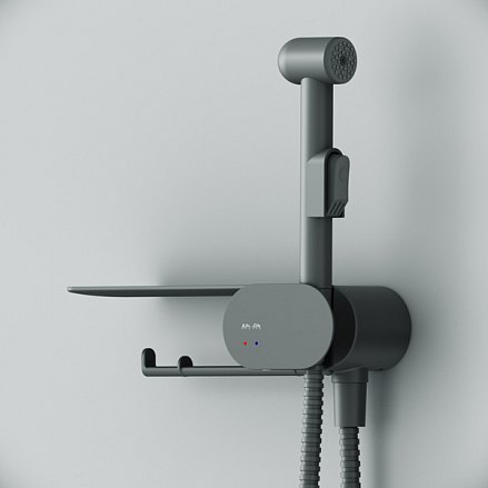 AmPm F0202622 Like, гигиенический набор со смесителем, полкой, держателем туалетной бумаги, шлангом, черный