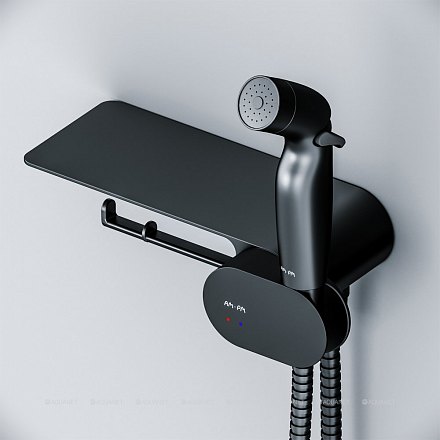 AmPm F0202622 Like, гигиенический набор со смесителем, полкой, держателем туалетной бумаги, шлангом, черный