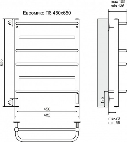 Полотенцесушитель Евромикс П6 450х650 электро ( NEW встроенный диммер) "Терминус"